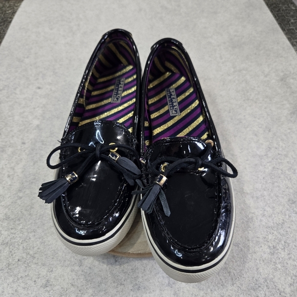 🐢 Sperry Patent Leather Black boat shoes Size 9 super shiny! - Picture 10 of 13